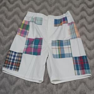 Patchit Y2K 90s Womens Size M White Vtg 100% Cotton Plaid Patch Bermuda Shorts